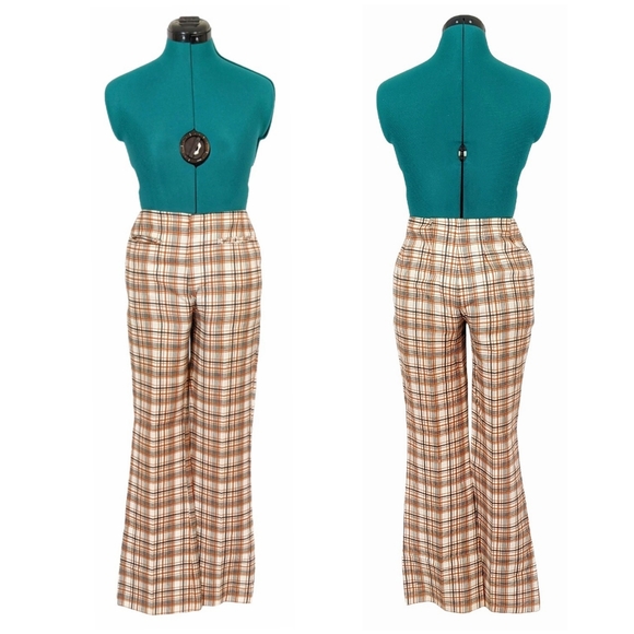 1960s Levi's for Gals Pants 1970s Bootcut Flare Trousers Plaid Brown Mid Rise - Picture 9 of 9
